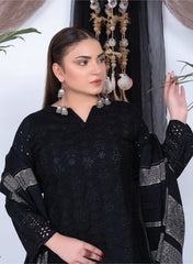 3PC Unstitched Dhanak Suit in Traditional Black Ensemble with Gold Accents