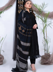 3PC Unstitched Dhanak Suit in Traditional Black Ensemble with Gold Accents