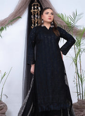 3PC Unstitched Dhanak Suit in Traditional Black Ensemble with Gold Accents