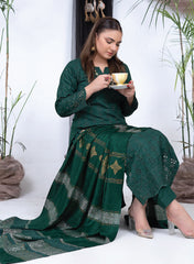 3PC Unstitched Dhanak Suit in Elegant Emerald Green Embroidered Lawn Dress with Traditional Dupatta