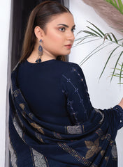 3PC Unstitched Navy Dhanak Suit with Premium Velvet Wool Shawl