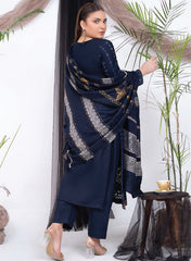 3PC Unstitched Navy Dhanak Suit with Premium Velvet Wool Shawl