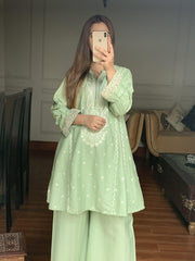 Light Moss Green - 2 PC Stitched Winter Self Cotton Frock