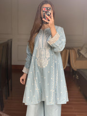 Pastel Blue - 2 PC Stitched Winter Self Cotton Frock