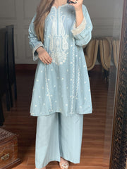 Pastel Blue - 2 PC Stitched Winter Self Cotton Frock